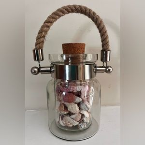 2 Pc. Glass Lantern Rope Handle Nautical Beach Decor Candle Holder w Seashells